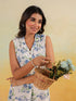 Janasya Women's Off White Linen Cotton Floral Printed A line Dress
